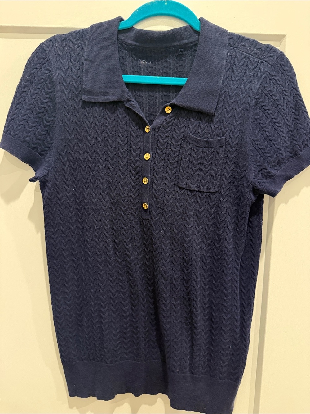 Navy Knit Short Sleeve Polo Sweater with Gold Buttons